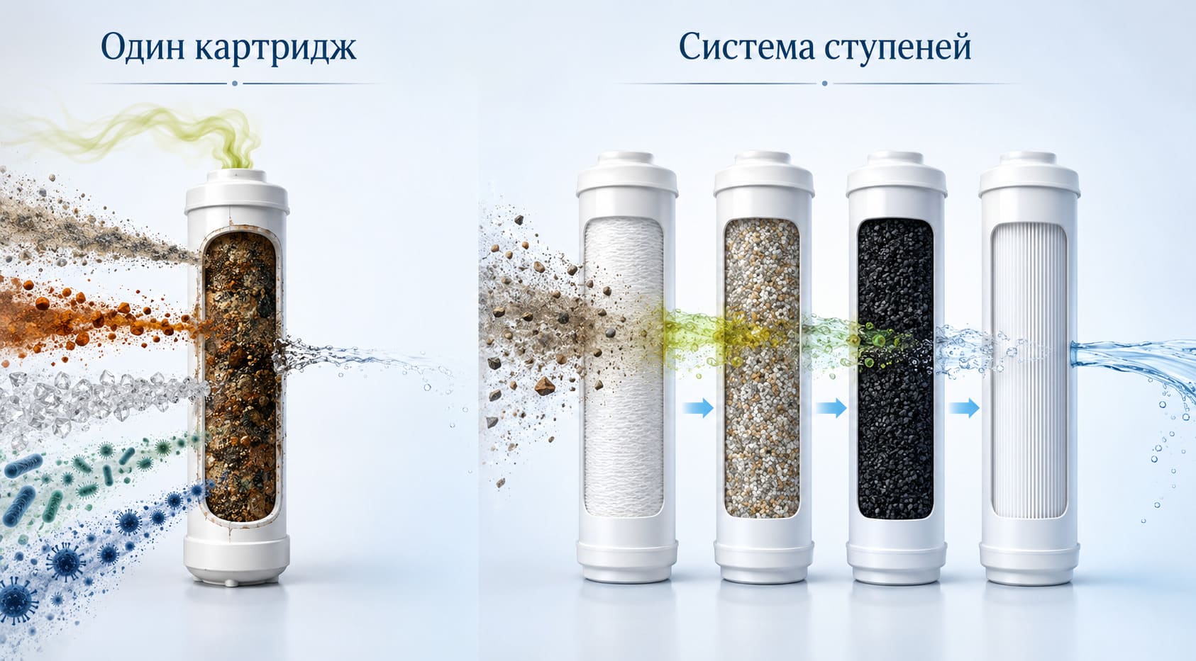 Сравнение одного картриджа и последовательной системы очистки воды