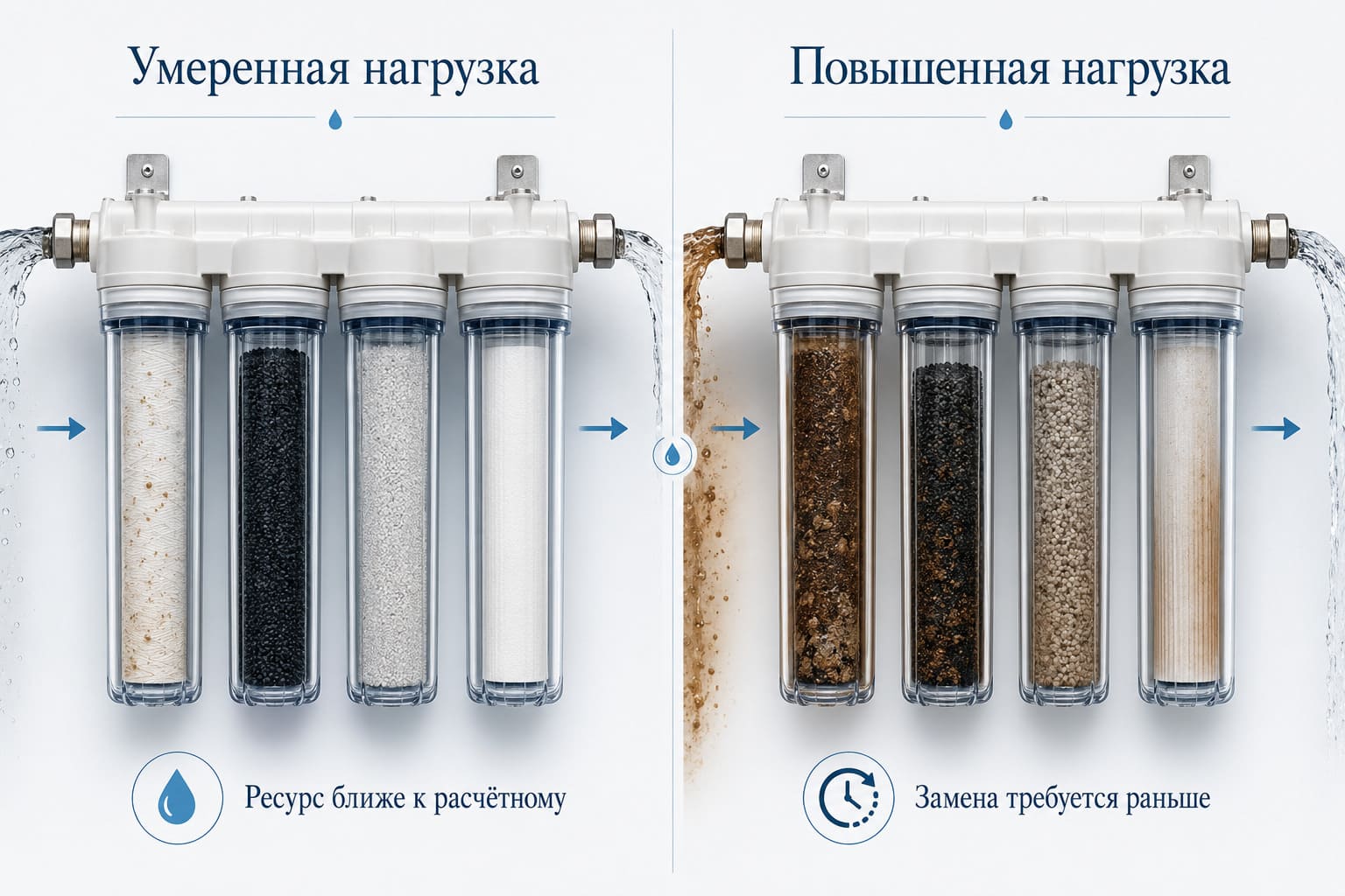 Одинаковый фильтр и разный фактический ресурс при различном качестве исходной воды